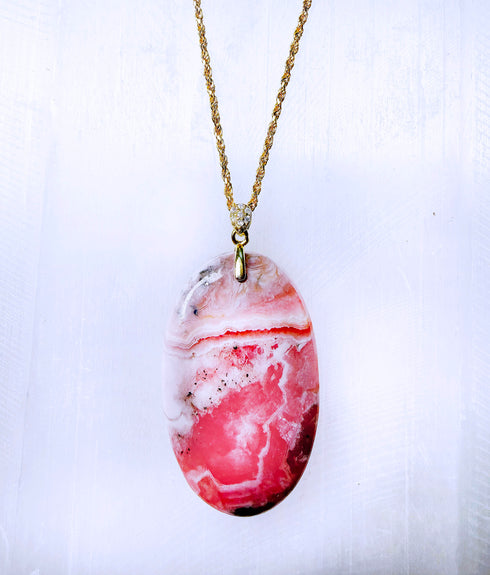 Large Rhodochrosite Gemstone Pendant in Gold Vermeil