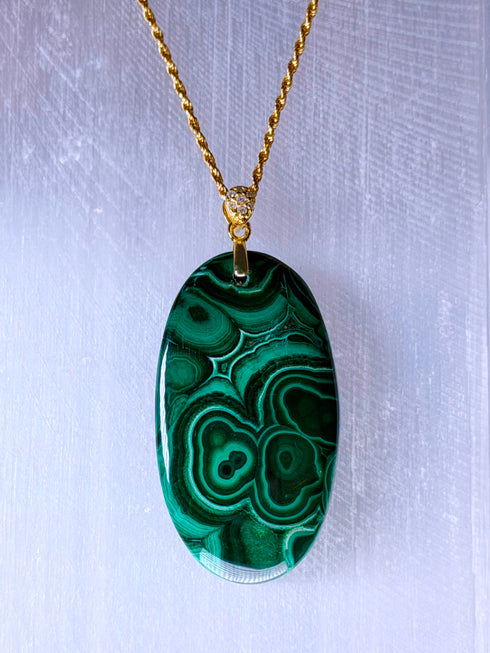 Large Malachite Gemstone Pendant in Gold Vermeil