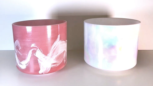 Twin Flame Harmony Bowls E and G: 8" G0 Rhodochrosite + Mother of Platinum Alchemy™ Crystal Tones® Quartz Singing Bowl