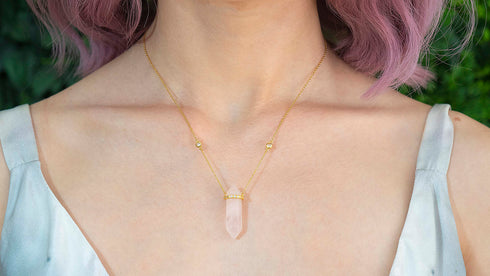 Love Bomb Pink Rose Quartz Pendant with Diamond Crown in Gold Vermeil