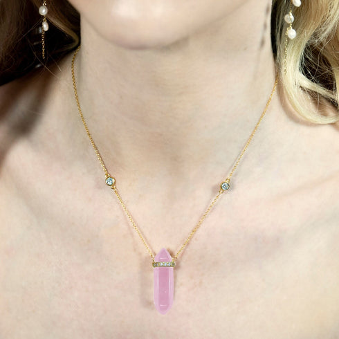 Love Bomb Pink Rose Quartz Pendant with Diamond Crown in Gold Vermeil